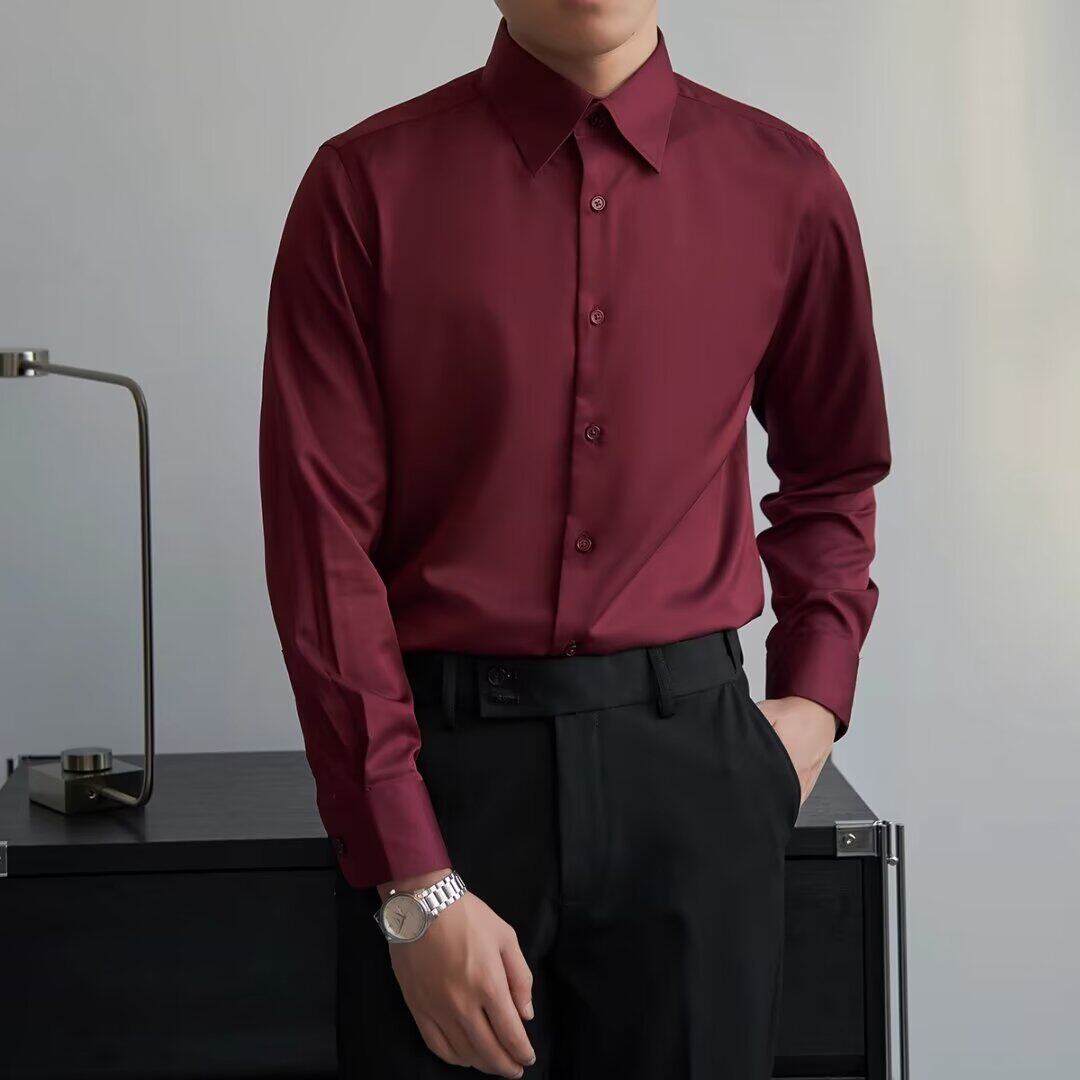 酒红色结婚衬衫男长袖修身韩版商务正装新郎伴郎衬衣垂感免烫打底