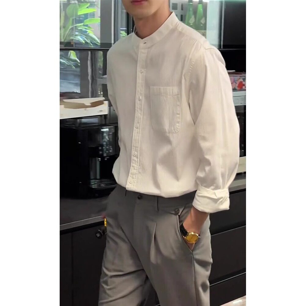 新中式纯棉立领衬衫男士长袖春季休闲透气圆领设计感白色衬衣外套