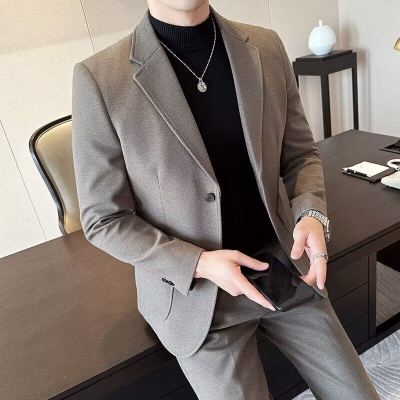 棕咖色毛呢西装外套男士冬季厚款高级感痞帅商务休闲西服套装修身