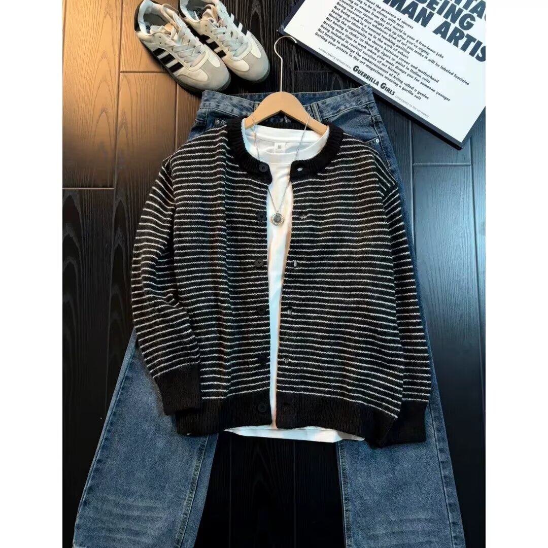 秋冬休闲慵懒风简约百搭休闲宽松针织毛衣男女情侣装条纹开衫外套