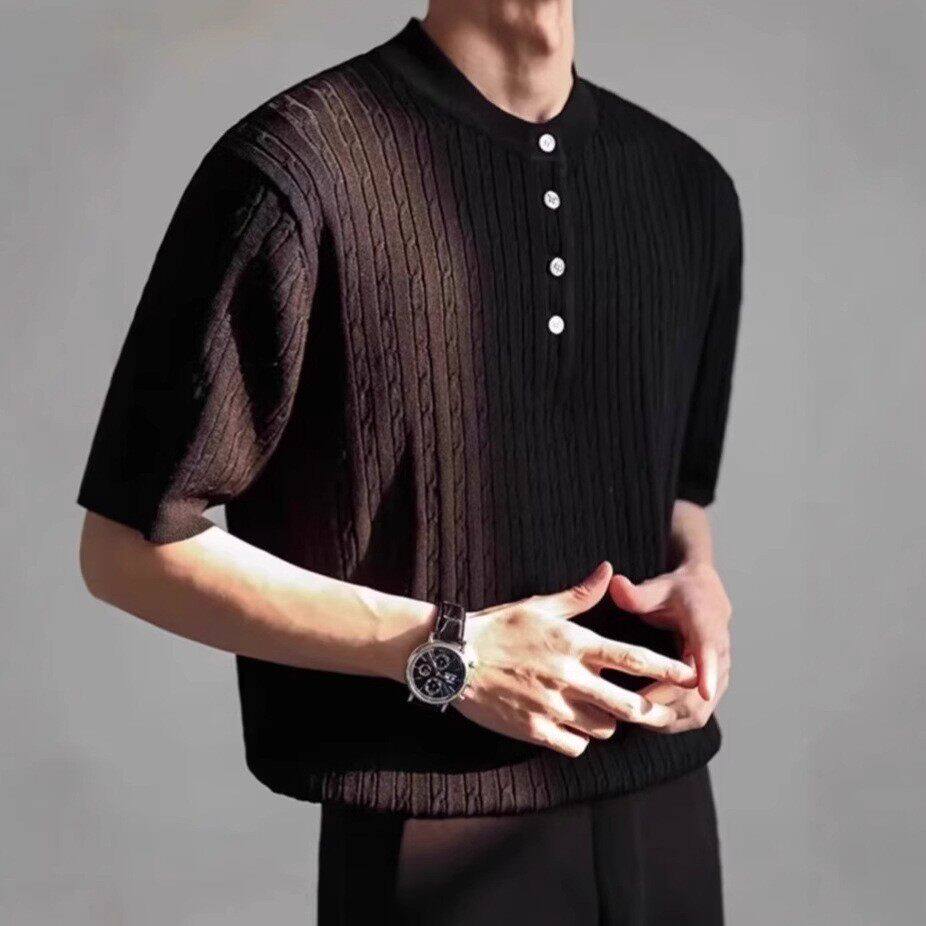 亨利领短袖t恤男春夏薄款麻花宽松简针织半袖衫重磅高级感Polo衫