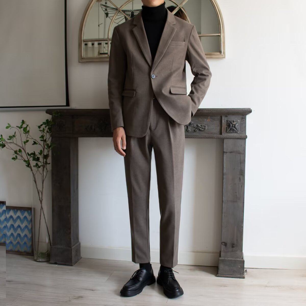 高级感棕咖色毛呢西装外套男冬季痞帅休闲韩版修身呢子西服套装潮