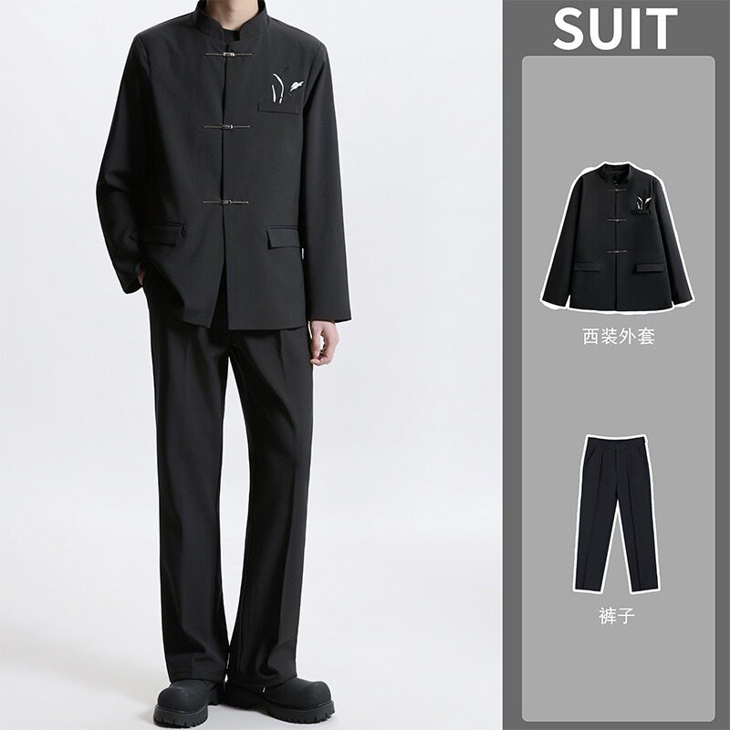 新中式西装男士外套上衣立领国风刺绣高定礼服轻奢痞帅中山装唐装