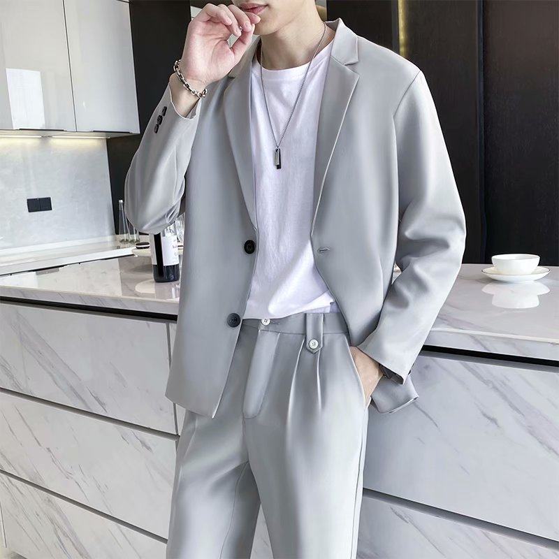 男士高端坠感休闲轻熟风浅灰色西装外套西裤一套英伦伴郎演出礼服