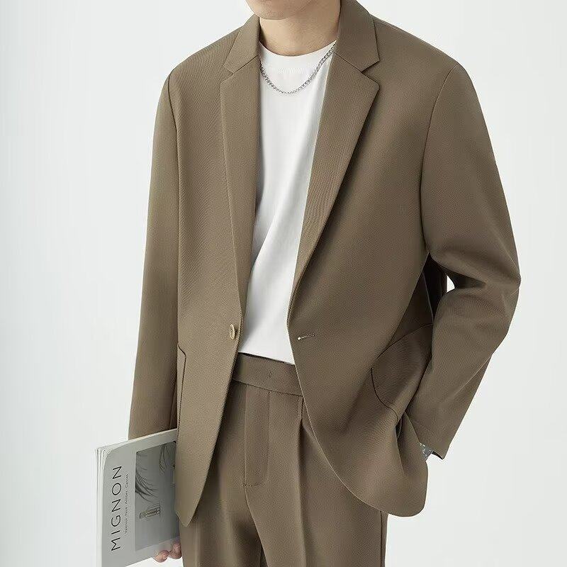 西服套装男高级感高端棕色复古休闲宽松垂感外套韩版轻熟风小西装
