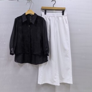 国风提花衬衫 2026女新款 高腰阔腿裤 春装 气质两件套裤 茵26A033时尚