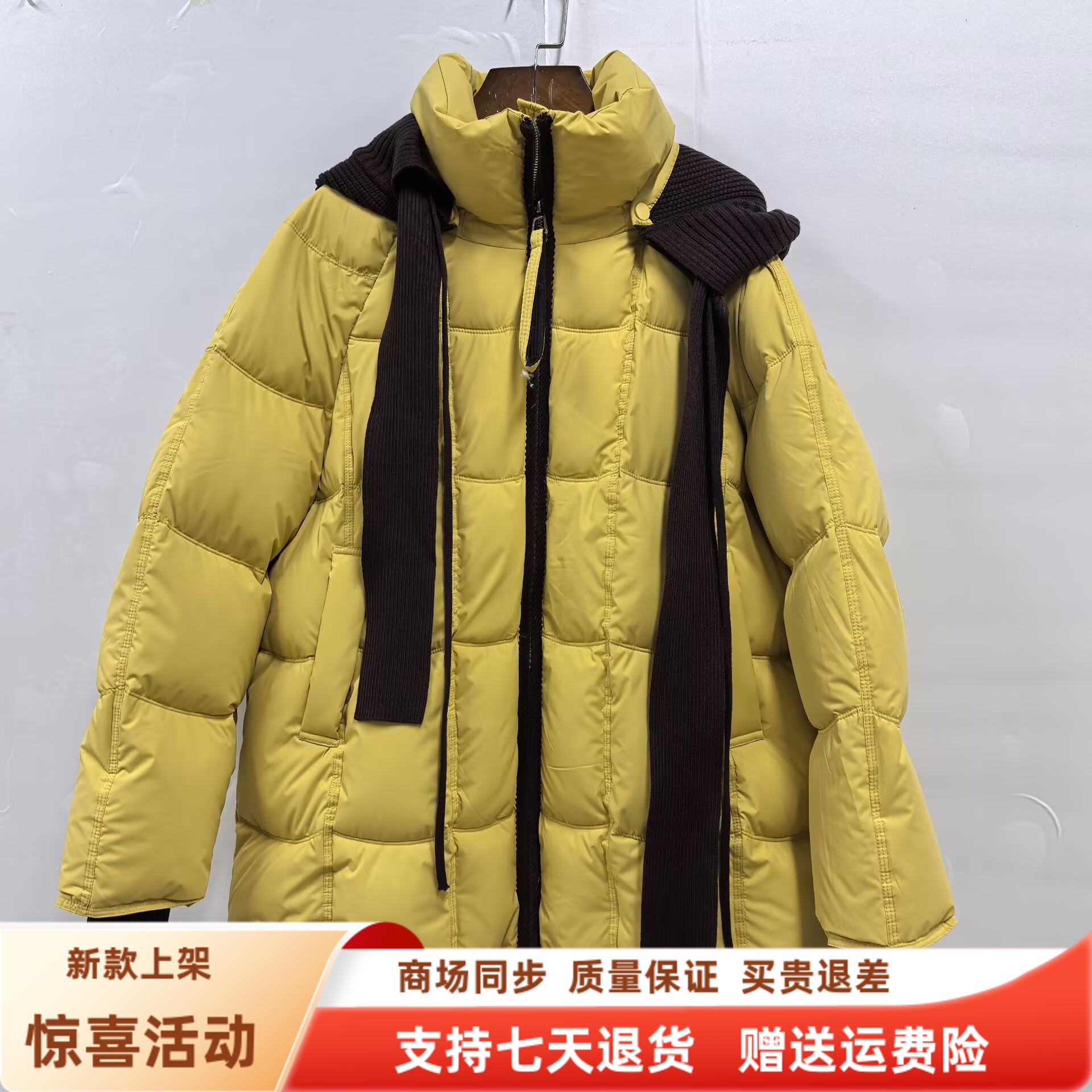 菲姿彩L-M25M58休闲白鸭绒中长针织连帽羽绒服短外套冬装2025女款