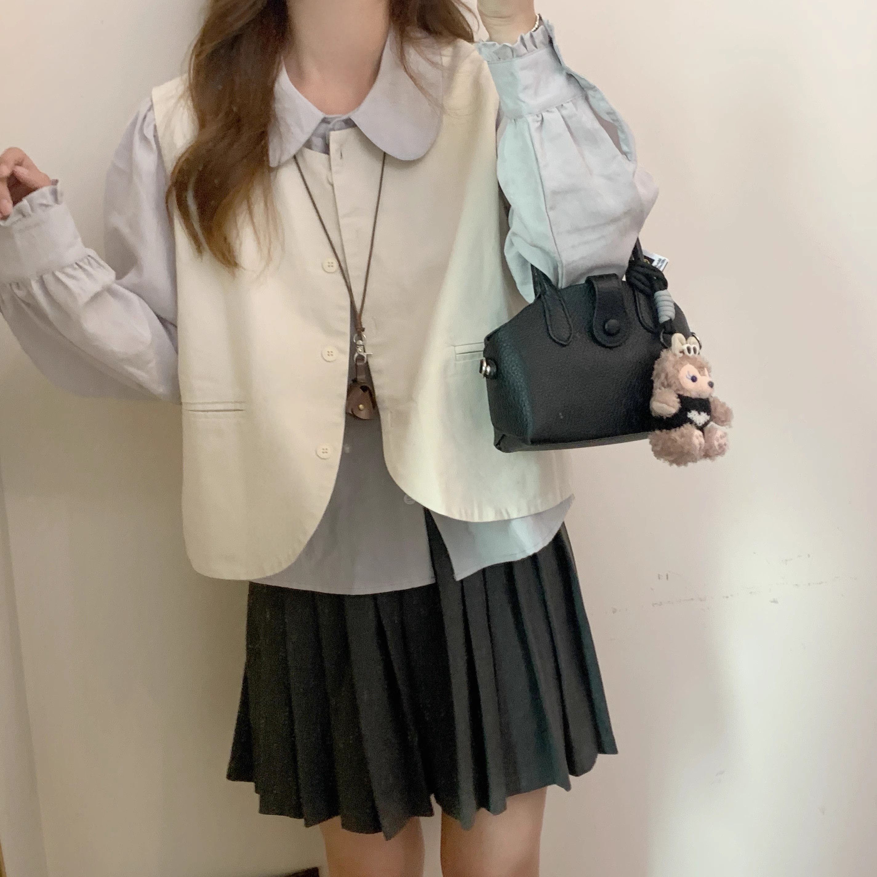 秋家自制/温柔学姐少女风 通勤日常 淡色日杂娃娃领衬衫+马甲外套