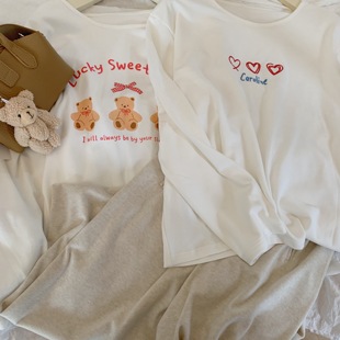 怒推宽松软糯长袖 秋家自制 云朵柔软棉 爱心刺绣 t恤内搭上衣 熊
