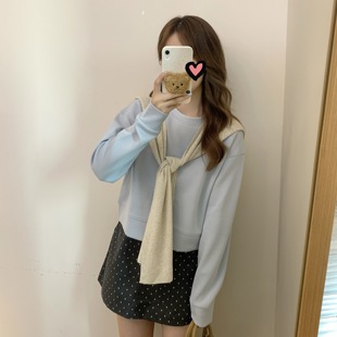 百搭短款 初秋少女日常 圆领套头卫衣上衣 淡盐蓝 秋家自制