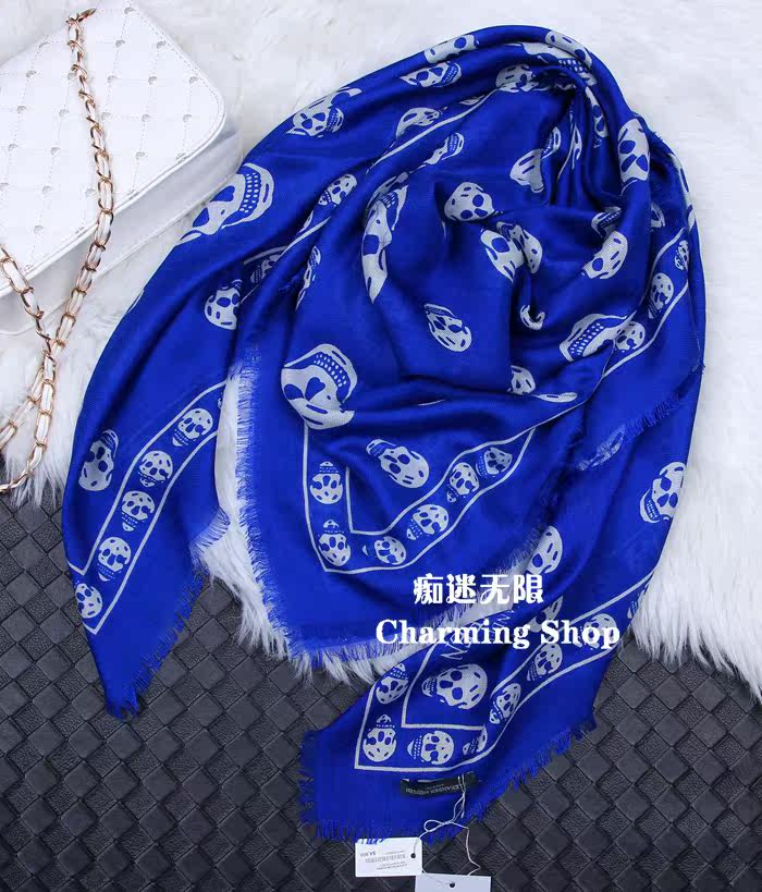 骷髅头真丝羊绒围巾女披肩春秋冬款保暖大方巾百搭时尚围巾披肩
