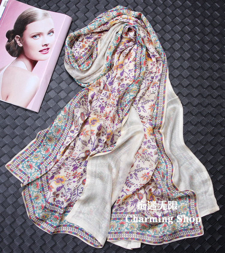 大牌双层真丝桑蚕丝围巾女春秋冬款波西米亚碎花长巾民族风披肩