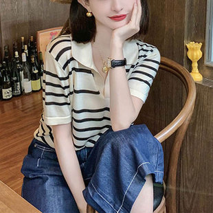 易菲妍女装官方旗舰店正品polo翻领条纹针织短袖T恤上衣2025夏装