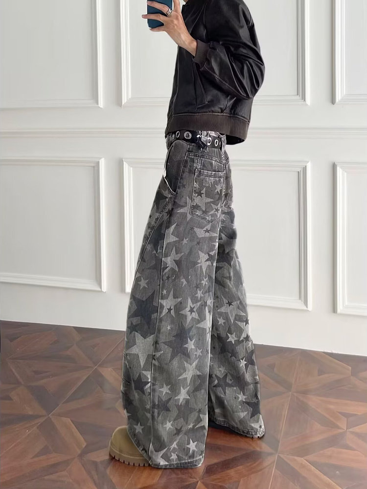 European and American Style Street Style Star Print Cool Denim Pants for Men High Street Vibe Loose Wide-Leg Camouflage Pants
