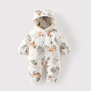 两三个月婴儿衣服秋冬款夹棉包脚连体衣冬季纯棉加厚宝宝外出棉服