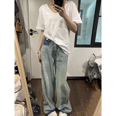 竹节棉V领短袖T恤女夏季