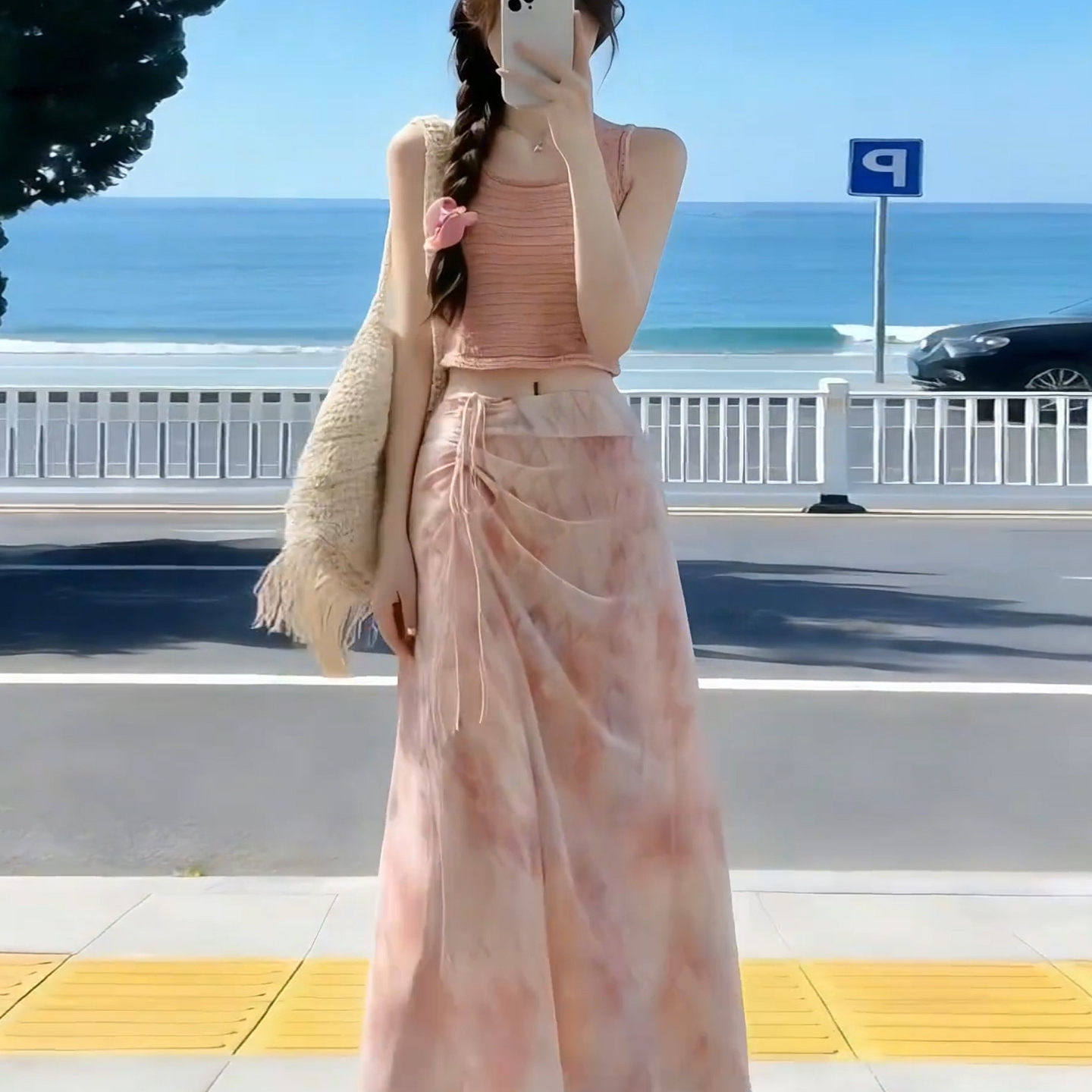 2026新款多巴胺明媚穿搭洋装子女夏季粉色吊带上衣半身长裙套装