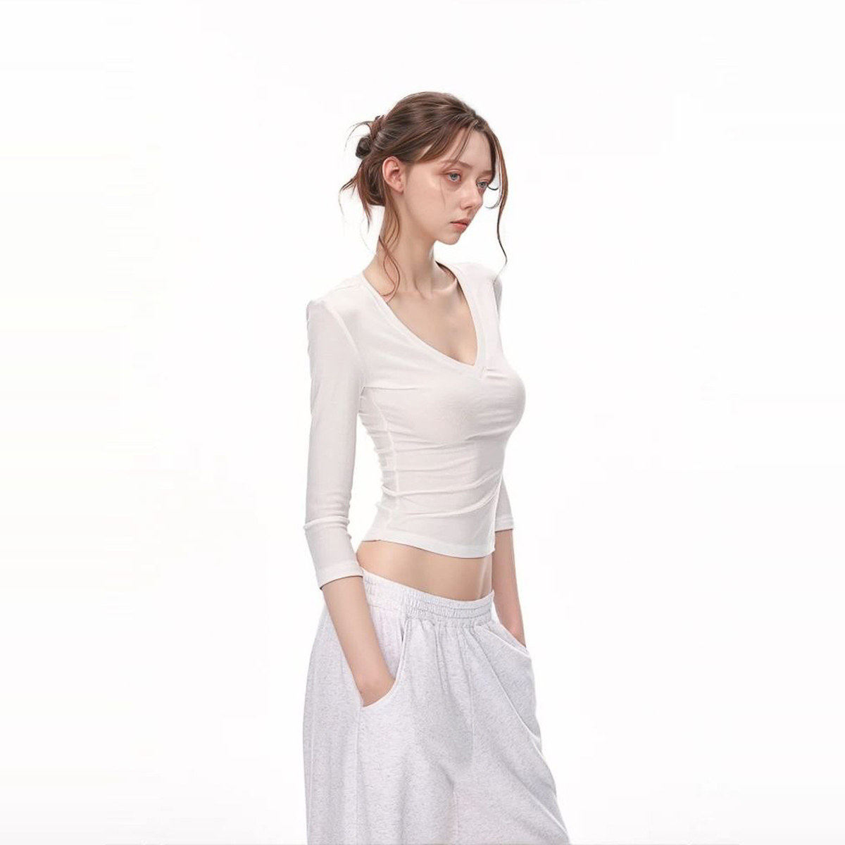 美式复古天丝V领七分袖T恤女夏韩系古早百搭修身显瘦中袖正肩上衣