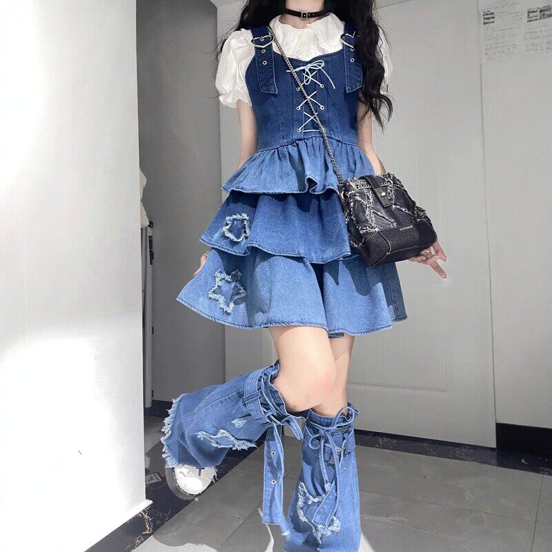 渐层蓝色牛仔辣妹套装女吊带洋装蛋糕裙夏早秋蓬蓬半身裙两件套