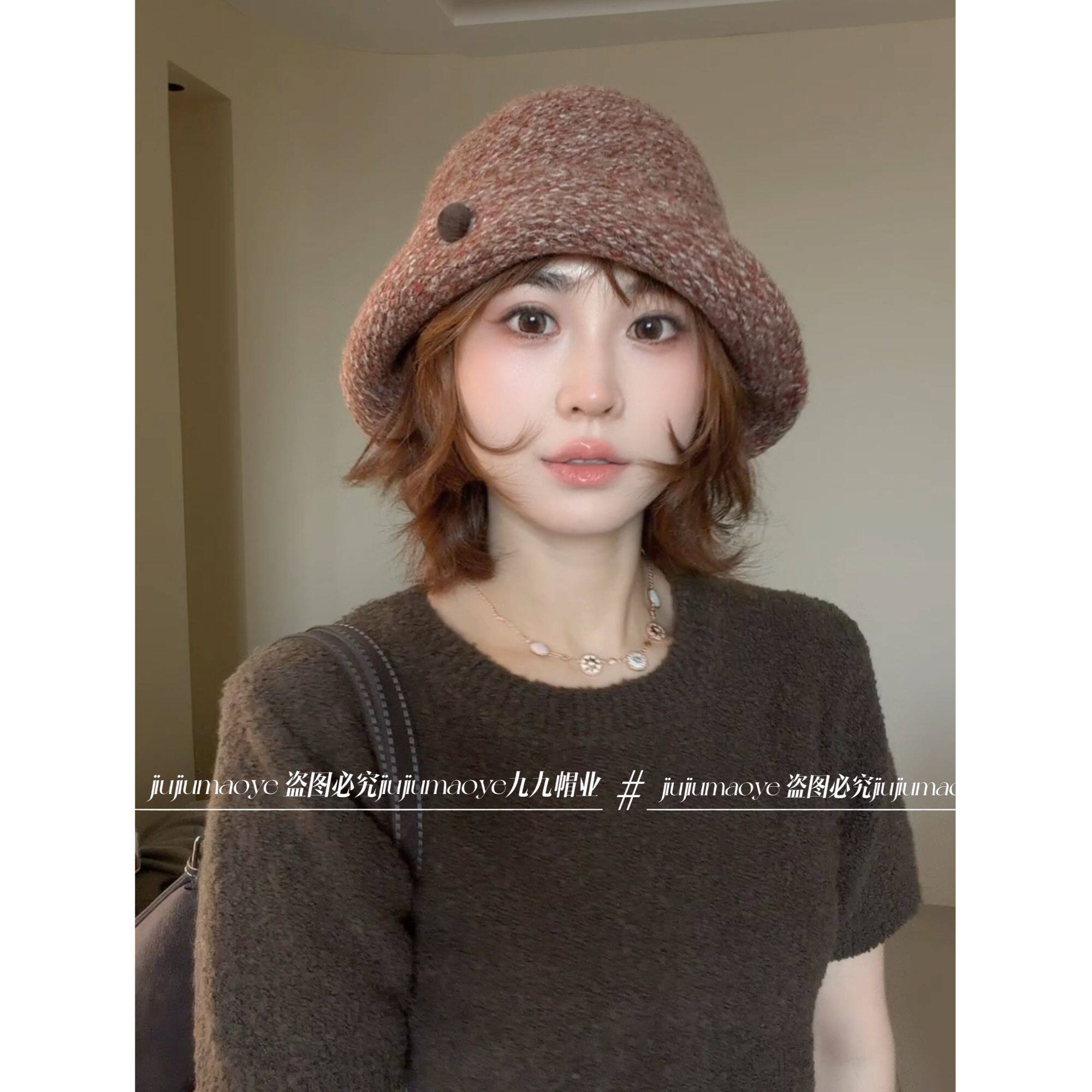 复古翻边纽扣羊毛针织礼帽女秋冬高级感显脸小保暖渔夫帽子
