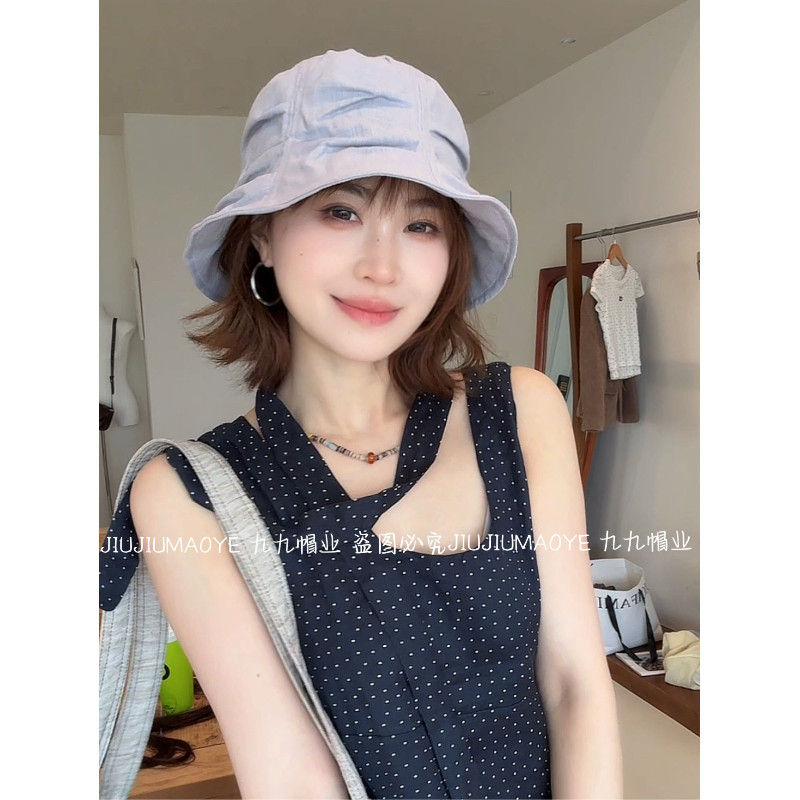 日系小众设计感褶皱渔夫帽女夏季薄款亚麻遮阳帽子水桶盆帽
