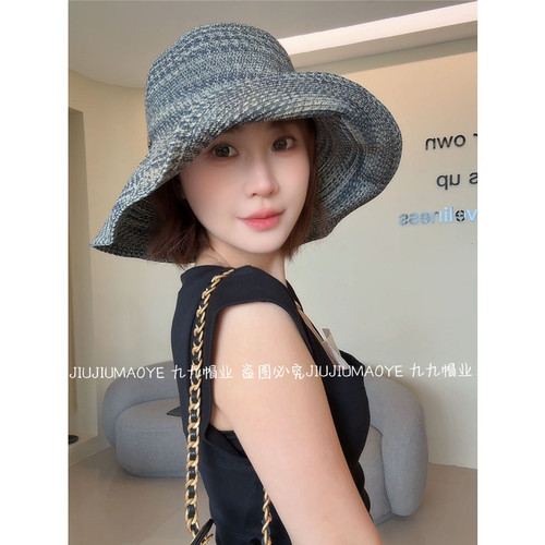 日系混色编织草帽女款夏季海边度假风草编渔夫帽高品质大檐遮阳帽