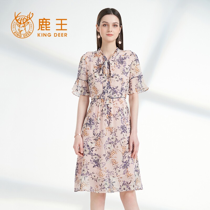 鹿王连衣裙女真丝碎花粉色桑蚕丝透气小清新高腰夏新款 952134011