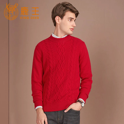 鹿王羊绒衫厚款宽松男士半高领