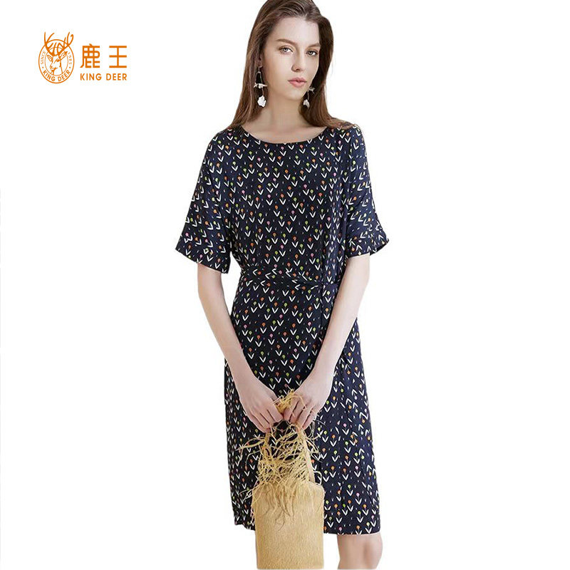 鹿王真丝连衣裙女士圆领系带2023夏季新款短袖宽松气质桑蚕丝裙子