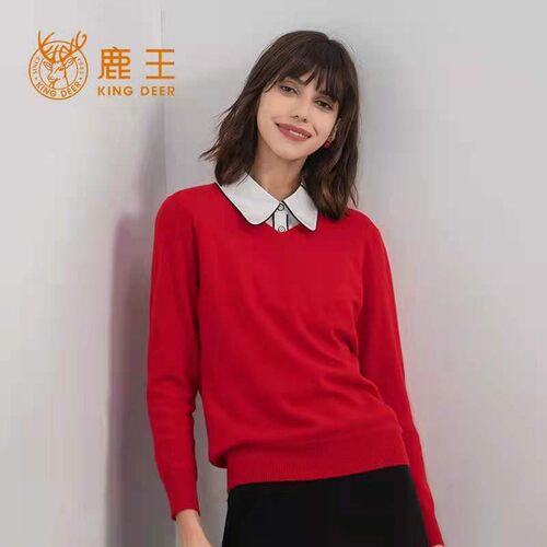 鹿王100%山羊绒V领保暖羊绒衫女
