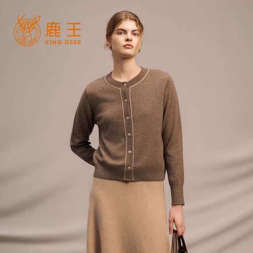 鹿王100%山羊绒老钱风百搭开衫女