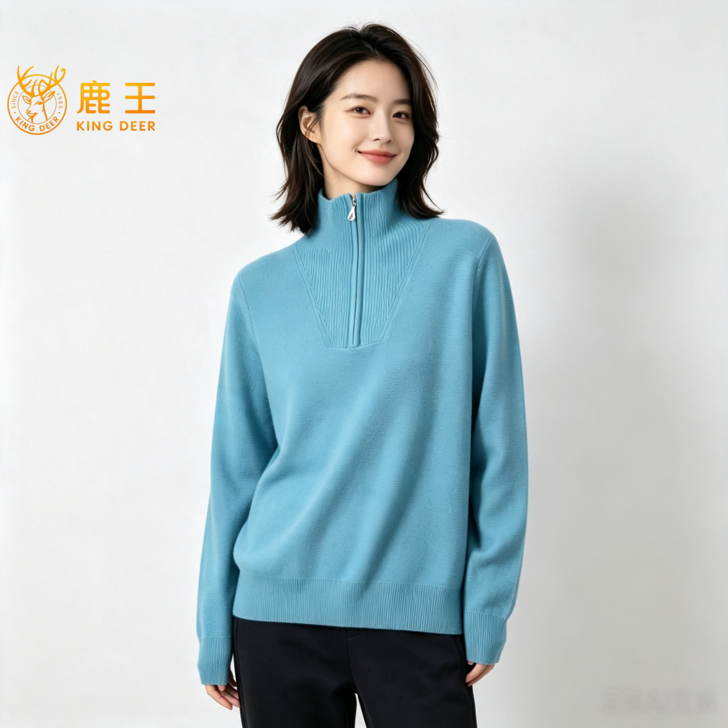 鹿王100%山羊绒女半高领拉链毛衣