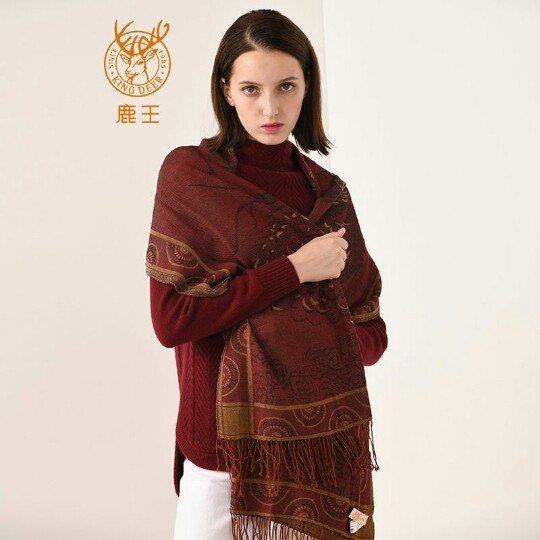 鹿王羊绒围巾精纺双面提花男女通用百搭羊毛混纺大披肩桑蚕丝围脖