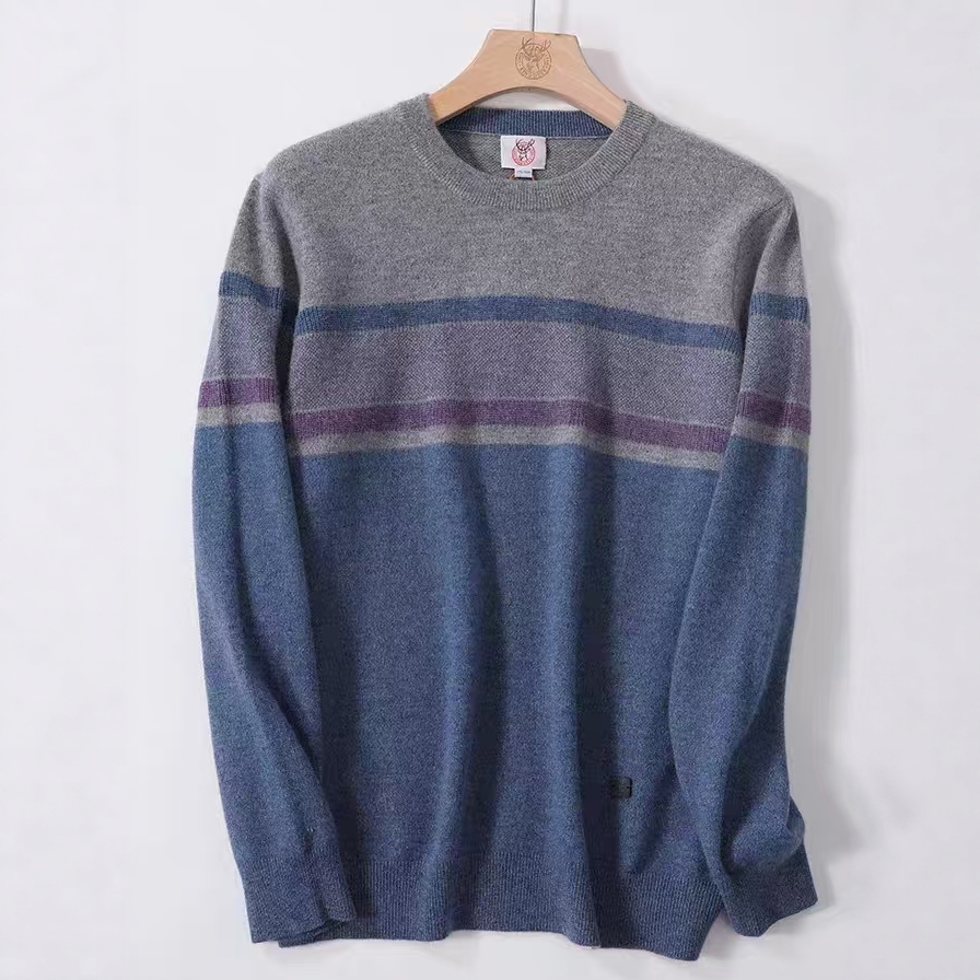 鹿王纯山羊绒衫男士圆领休闲条纹拼色针织衫百搭毛衣2024秋冬新款