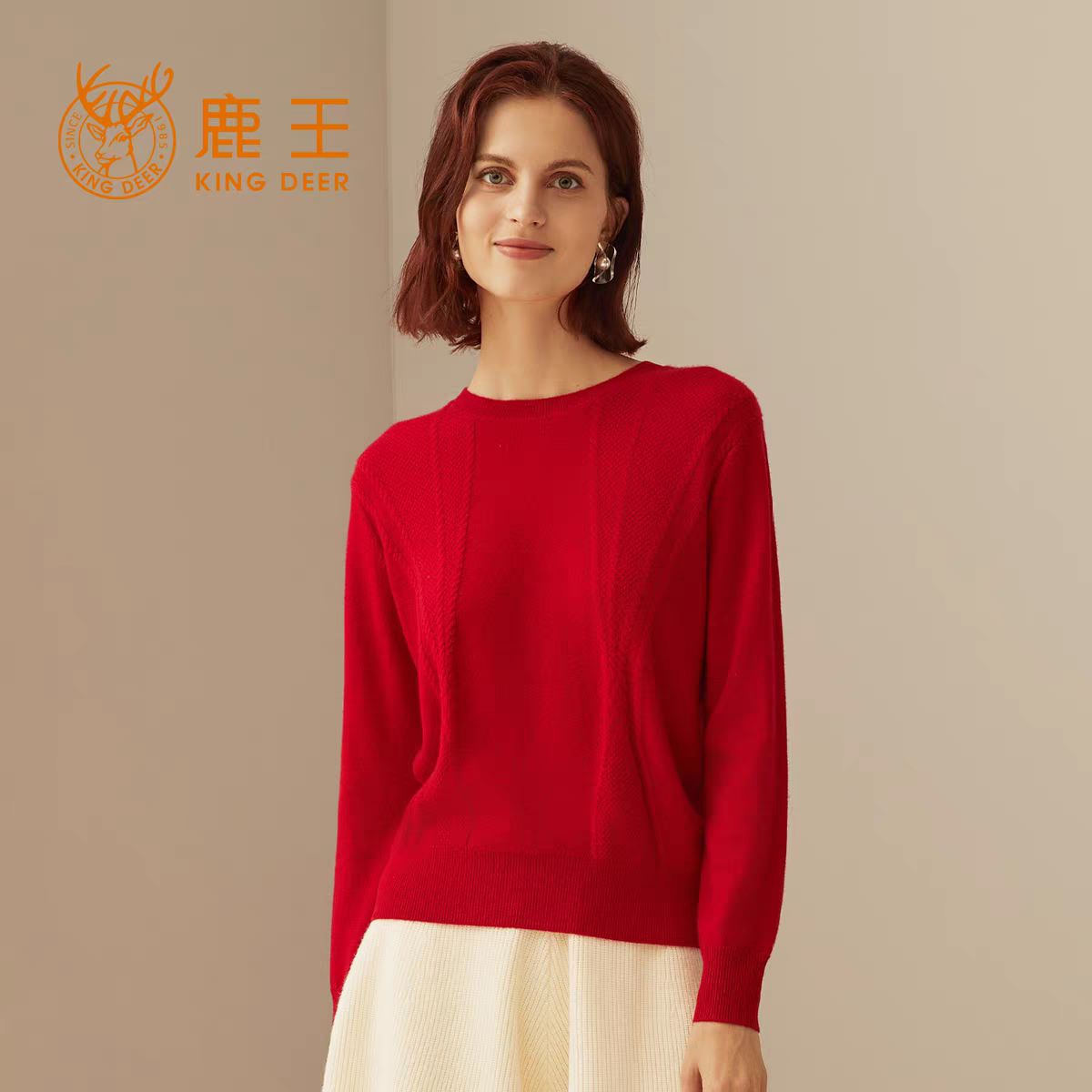 鹿王女士圆领纯山羊绒衫