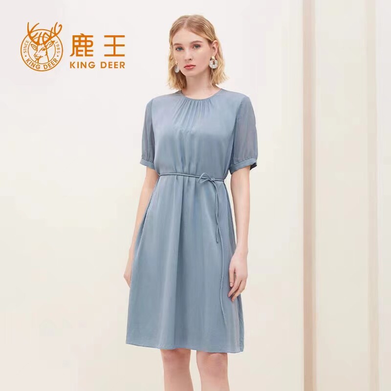 鹿王真丝连衣裙女短袖中裙气质休闲 夏季圆领桑蚕丝收腰常规a字裙