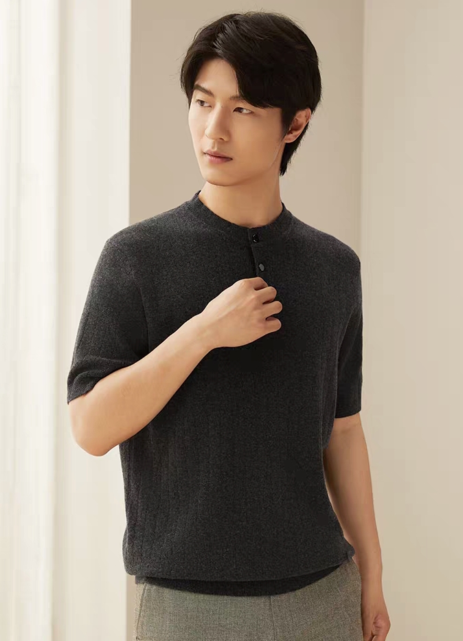 鹿王男士圆领半袖纯山羊绒衫秋冬季百搭保暖休闲简约针织短袖毛衣