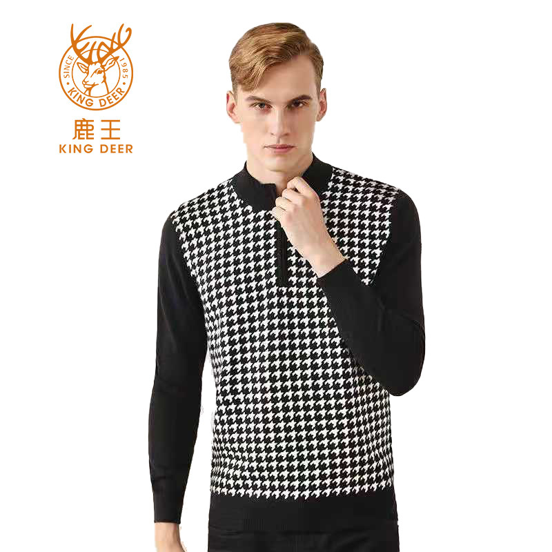 鹿王羊绒衫男半高领拉链千鸟格厚款百搭长袖套头宽松舒适针织毛衣,男装,针织衫/毛衣,淘宝优惠券,粉丝福利购,淘宝优惠卷