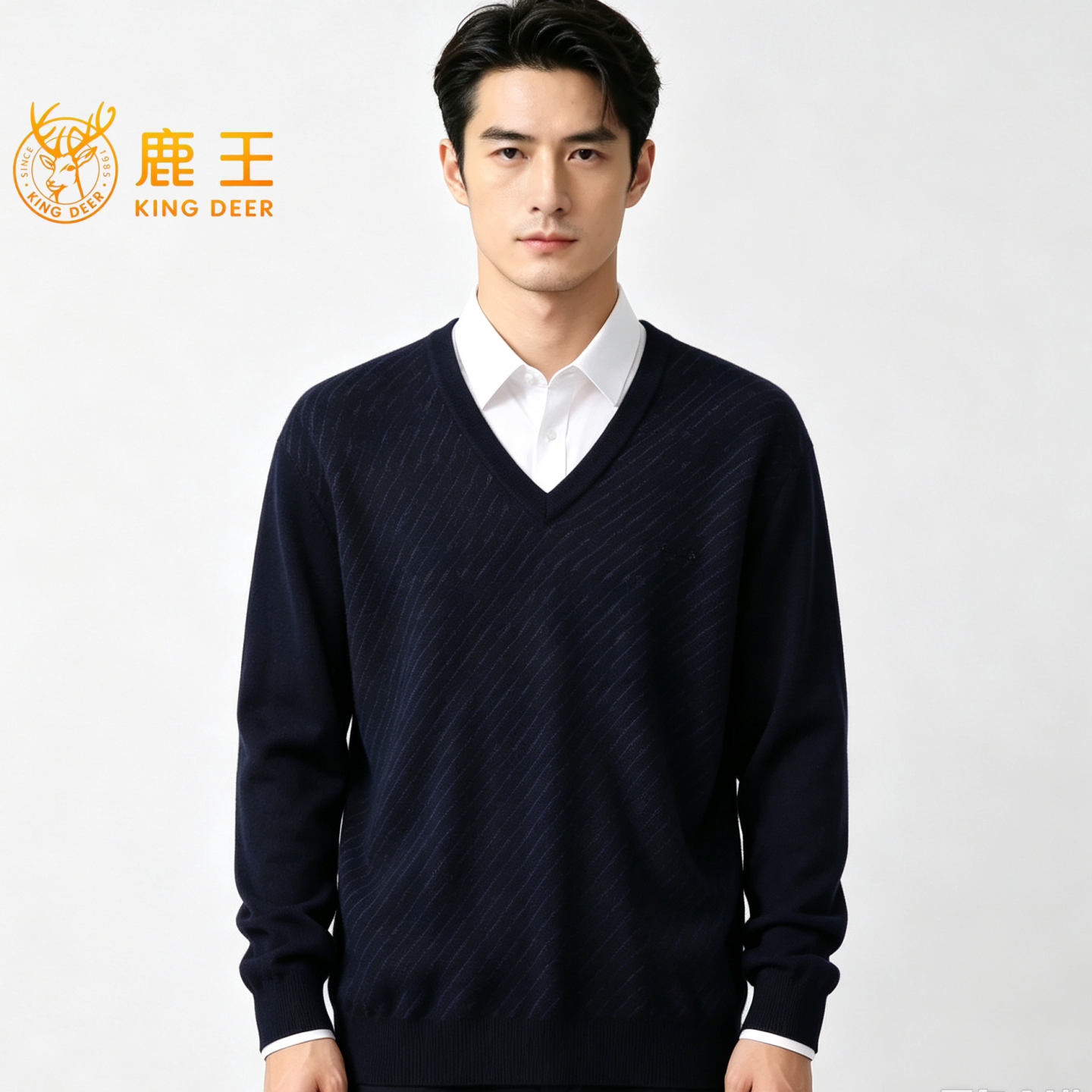鹿王男士V领精纺山羊绒衫保暖厚