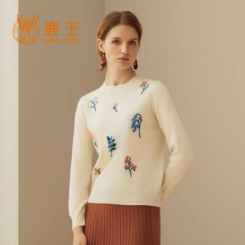 鹿王女士圆领提花纯山羊绒衫