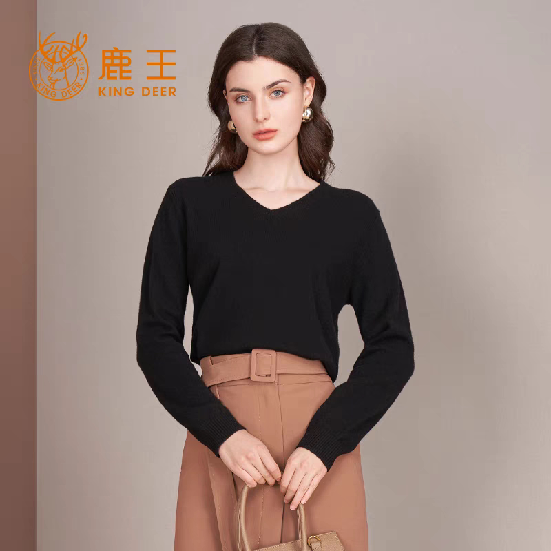鹿王女士V领纯山羊绒衫百搭冬季新款打底时尚套头毛衣