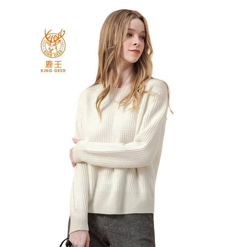 鹿王女装山羊绒衫圆领长袖套头白色休闲针织2025秋冬新款厚款毛衣