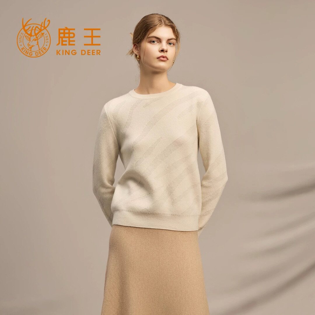 鹿王女士圆领纯山羊绒衫秋冬季百搭保暖休闲简约针织打底毛衣厚