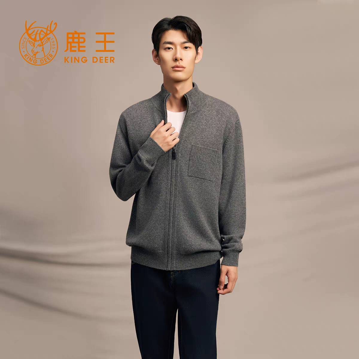 鹿王男半高领纯山羊绒开衫秋冬百搭保暖休闲简约针织打底拉链毛衣