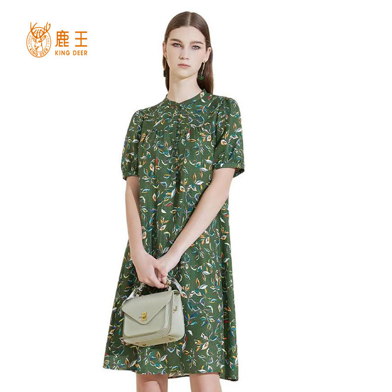 鹿王真丝连衣裙女士中式立领提花2024夏季新款短袖宽松桑蚕丝裙子