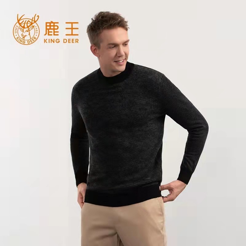 鹿王羊绒衫男半高领平针套头长袖打底黑色冬新款商务休闲百搭毛衣