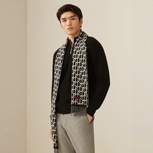 鹿王男士纯山羊绒围巾秋冬季新款休闲提花字母简约时尚保暖围脖