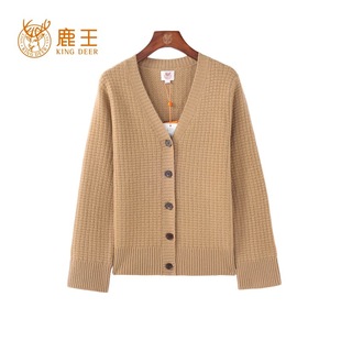 毛衣外套厚 保暖百搭套头针织休闲开衫 鹿王女士V领纯山羊绒衫 冬季