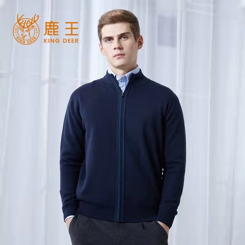 鹿王男士外套厚精纺山羊绒半高领
