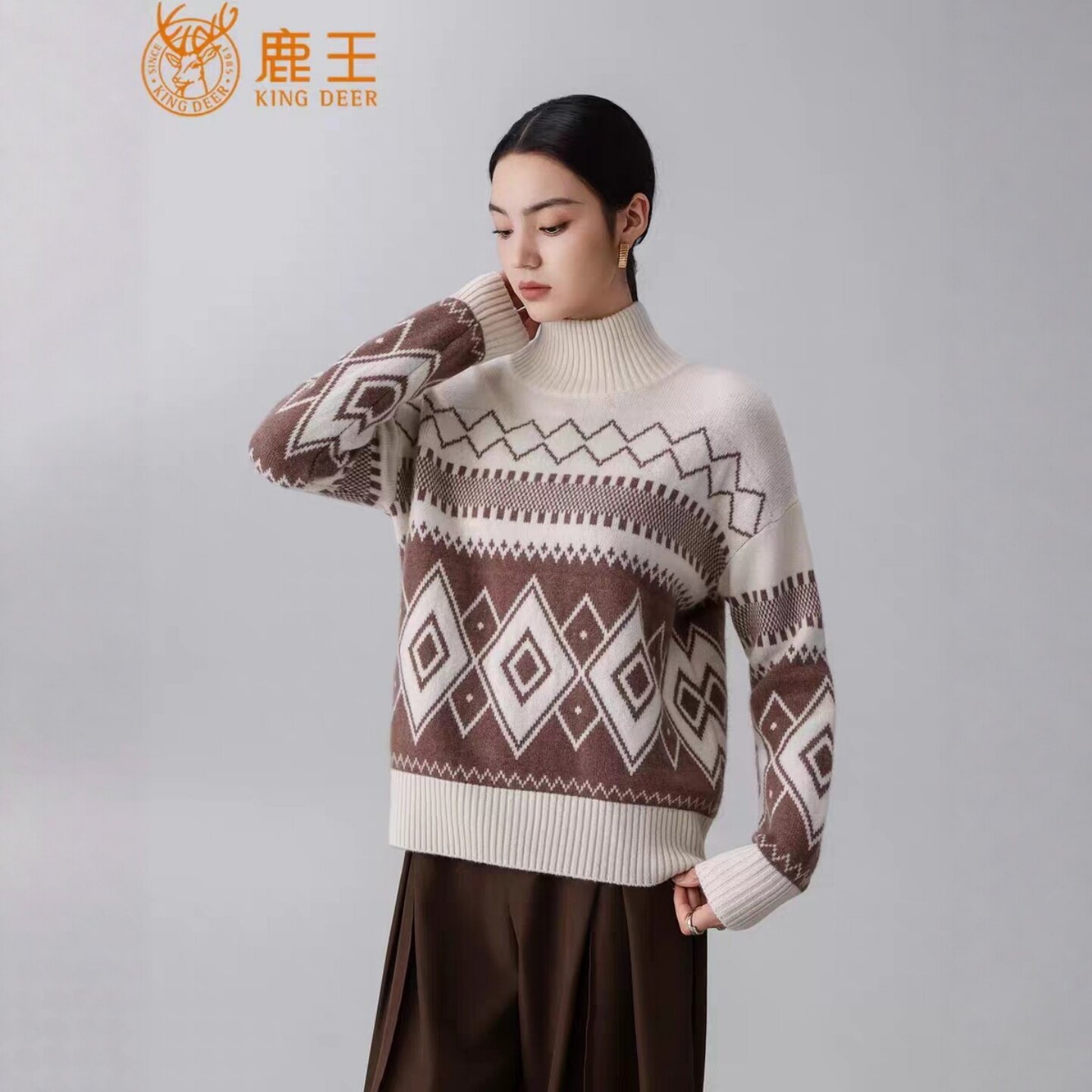 鹿王100%山羊绒衫女高领加厚毛衣